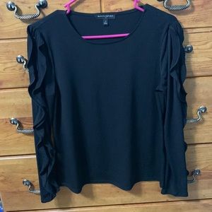 Black blouse, Banana Republic, size small, sleeves have ruffles and open slits